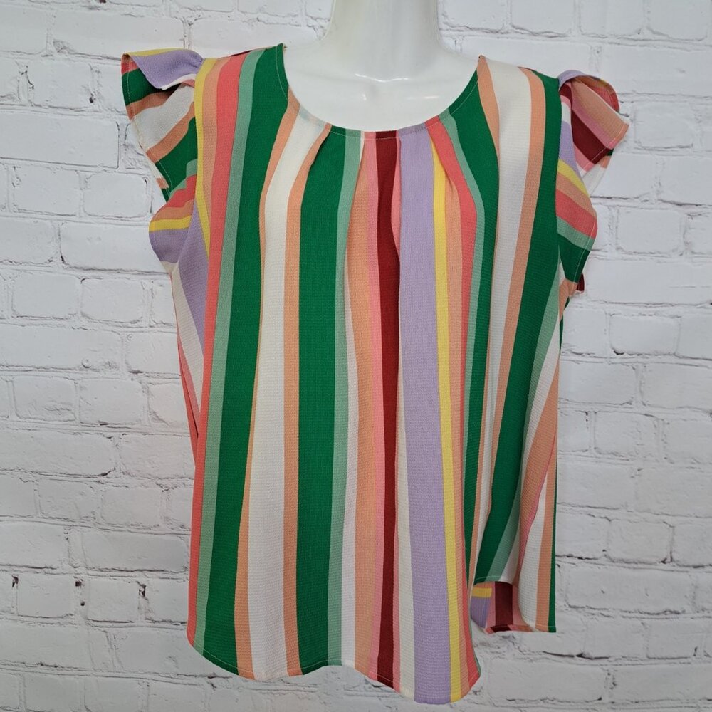 Mine Colorful Striped Ruffle Sleeves Top Size Large